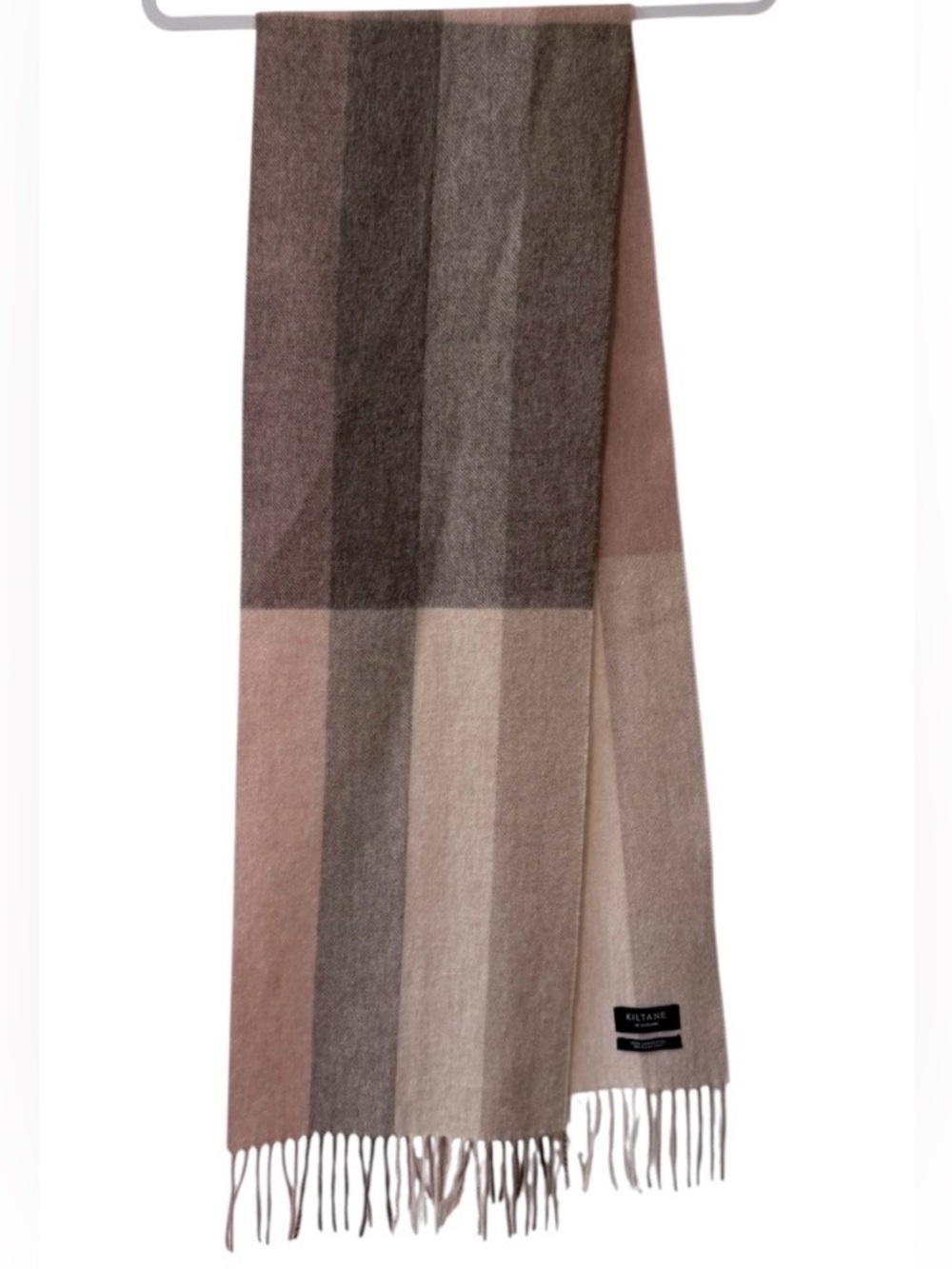 Kiltane of Scotland 100% Lambswool four stripe tan, brown, cream & pink scarf